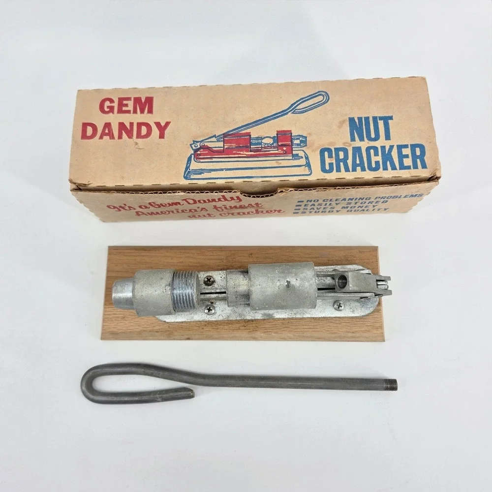 Vintage Gem Dandy Pecan Nutcracker Cast Iron Lever Wood Base Original Box USA